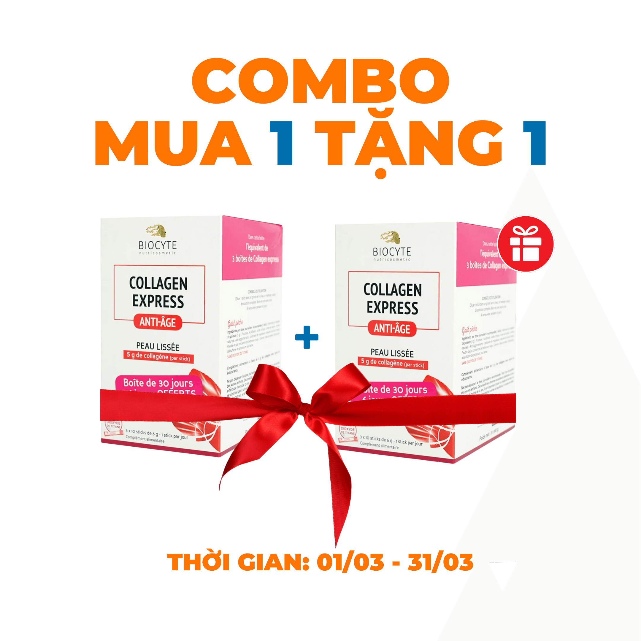 [Combo 1+1] Collagen Express Marin H/30 gói BIOCYTE Bột Collagen Peptide 5000mg chống lão hóa