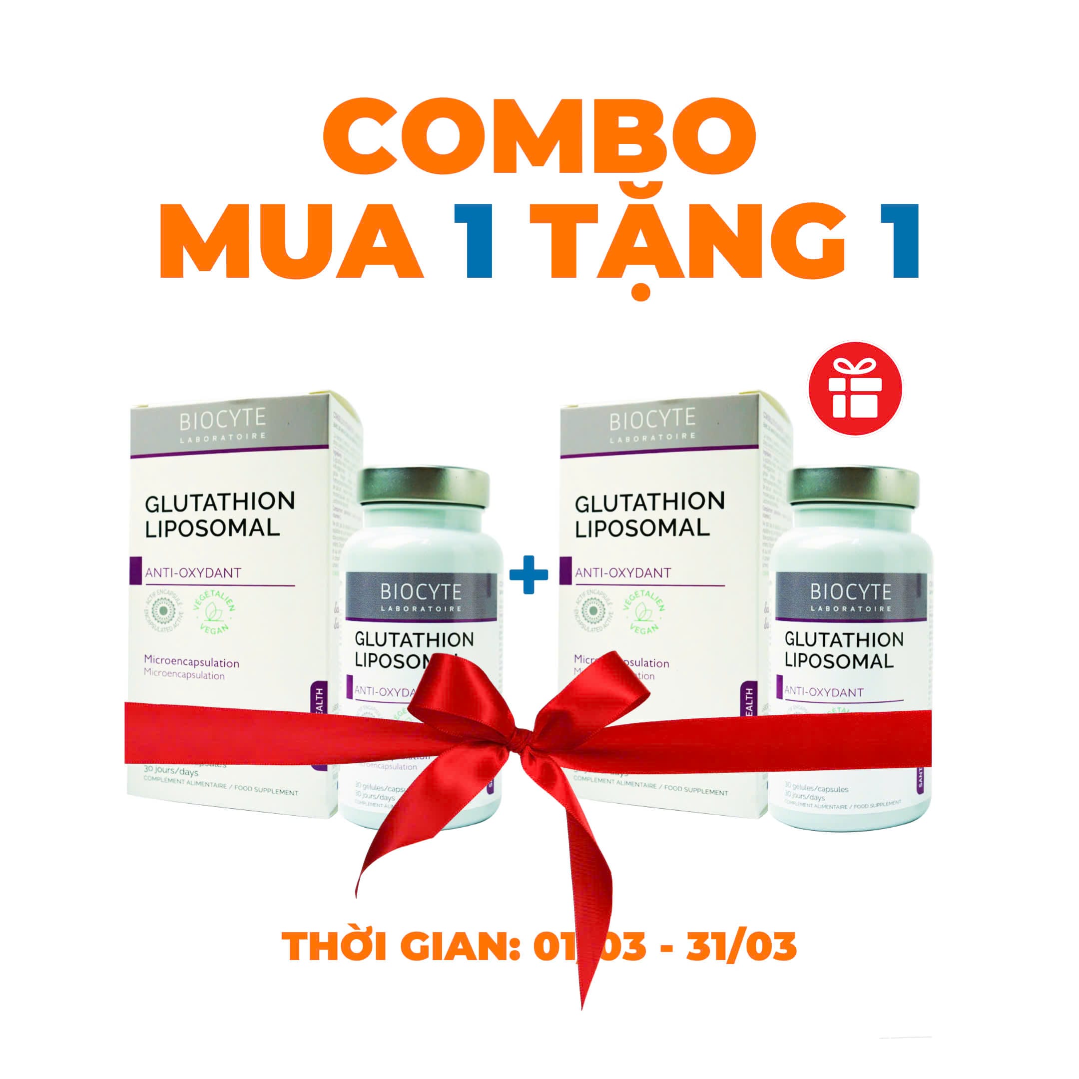 [Combo 1+1] Glutathion Liposomal H/30v BIOCYTE Glutathione vi bao Chống Oxy Hóa, Sáng Da, Trị Nám