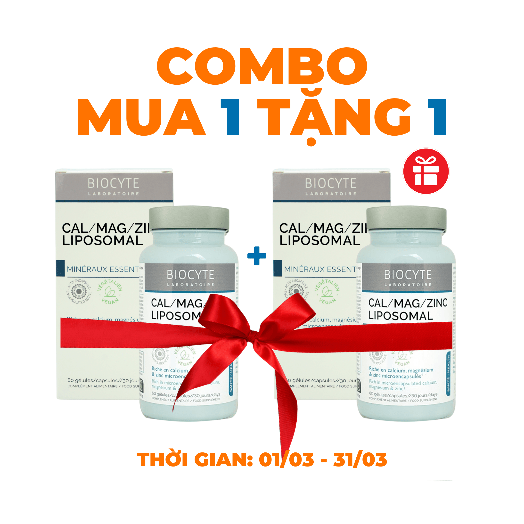 [Combo 1+1] Canxi Mg Zinc Liposomal L/60v BIOCYTE Bổ sung canxi, magie, kẽm bao vi nang